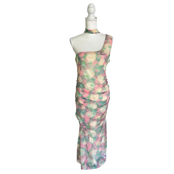 ASTR the Label Abstract Print Asymmetric Midi Green Pink Ruched Dress Size XL - Picture 2 of 15